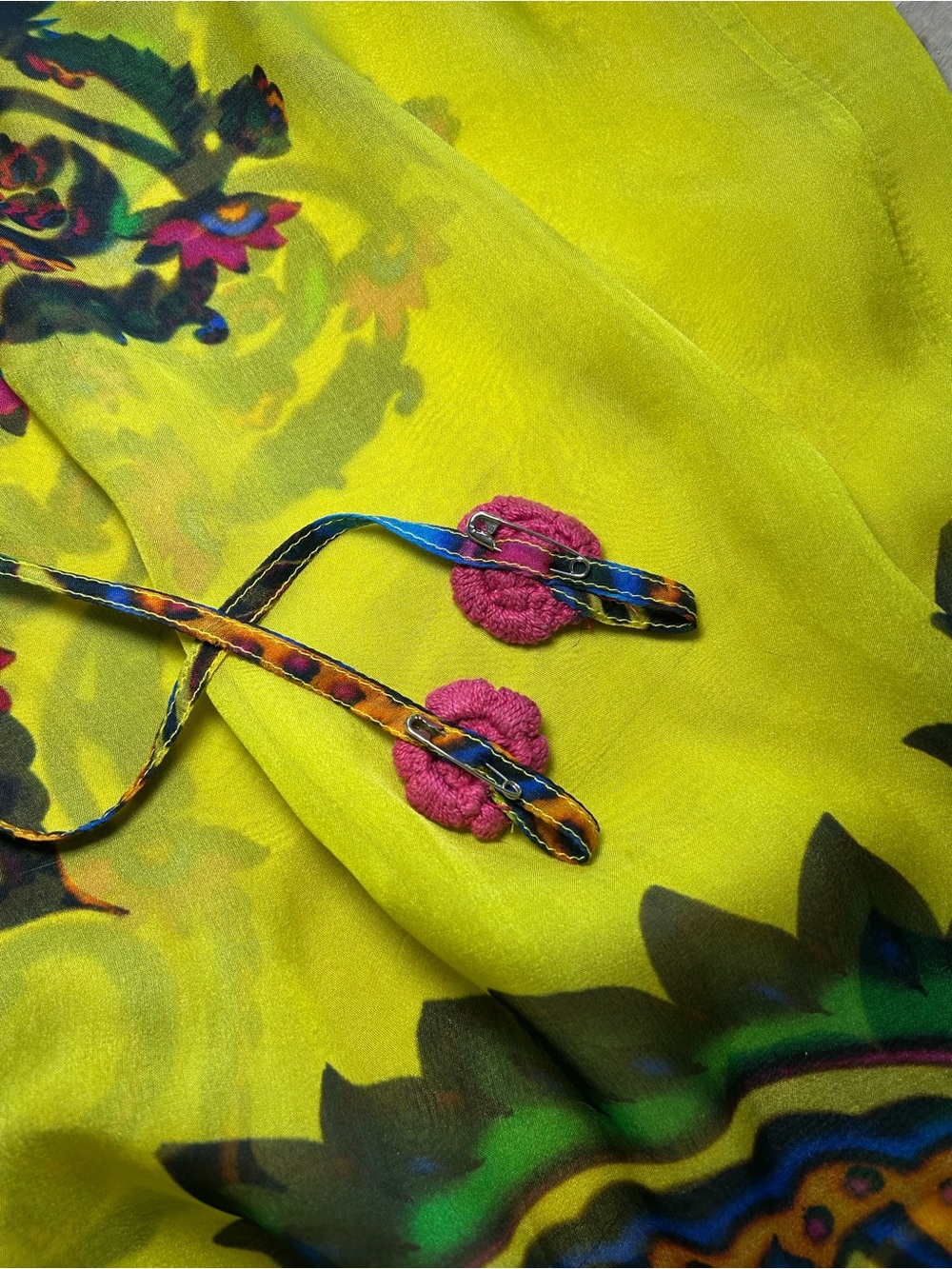 HEMANT & NANDITA Yellow Floral Print Maxi Dress with Pink Cap Sleeves - Picture 9 of 15